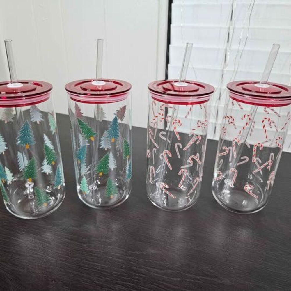 Winter Tree + Candy Cane Glass Christmas Tumblers 4 Pack | NEW